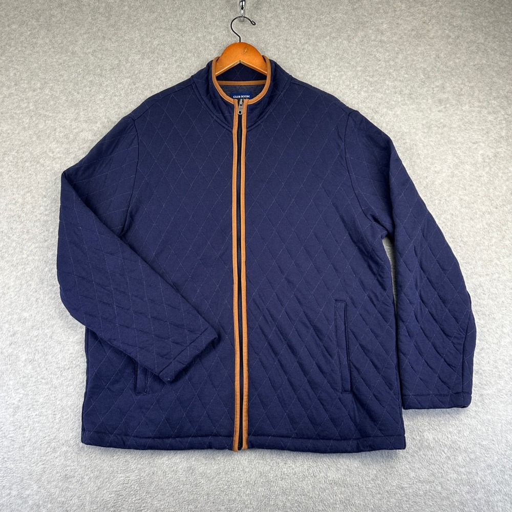 Club Room Quilted Full Zip Jacket Mens Large Navy Blue Cotton Blend